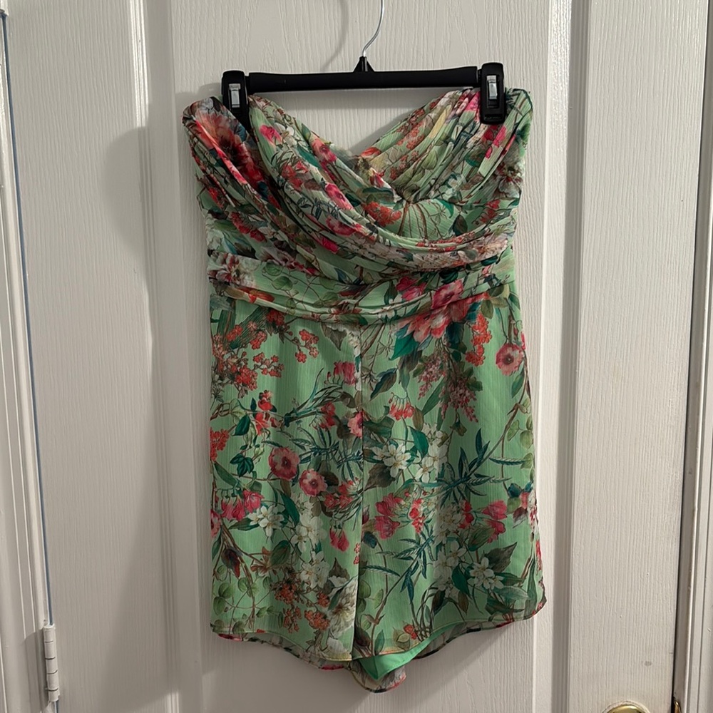 JAYGODFREY Lydia Romper Strapless Pleated Chiffon Green and Pink Floral Pantsuit - Picture 8 of 13